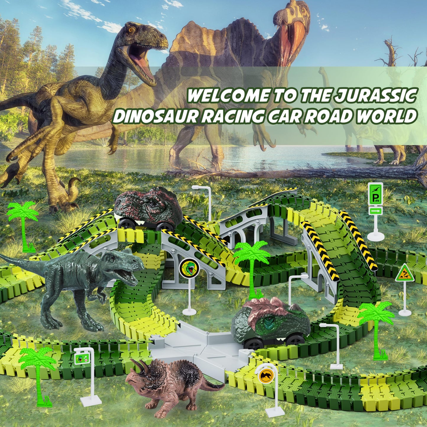 Dinosaur Toys, 252 PCS Create A Dinosaur World Road Race Tracks