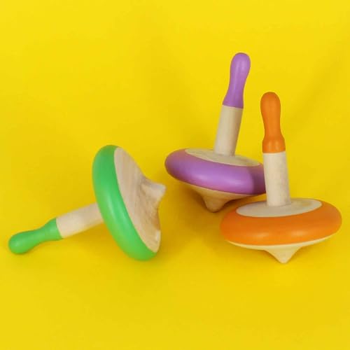 Shumee Spinning Tops for Kids 2 3 4 5+ Year Old, Set of 3 Wooden Montessori Toys, Improves Hand Eye Coordination, Great for Sensory Play, Eco-Friendly 100% Child Safe (Red/Blue/Yellow)