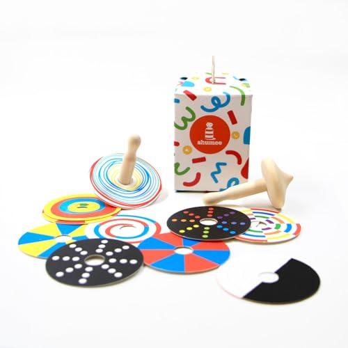 Shumee Spinning Tops for Kids 2 3 4 5+ Year Old, Set of 3 Wooden Montessori Toys, Improves Hand Eye Coordination, Great for Sensory Play, Eco-Friendly 100% Child Safe (Red/Blue/Yellow)