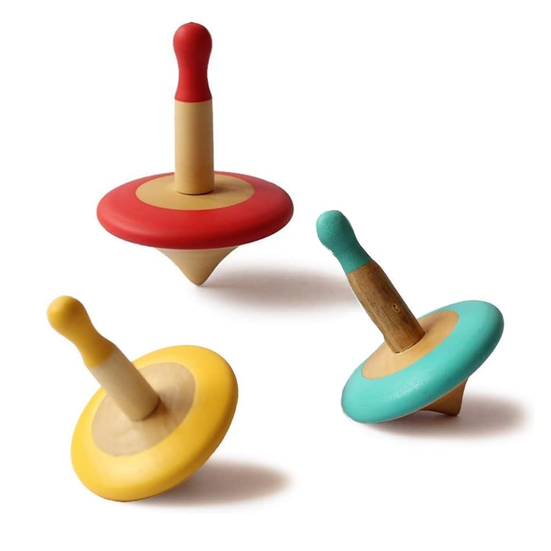 Shumee Spinning Tops for Kids 2 3 4 5+ Year Old, Set of 3 Wooden Montessori Toys, Improves Hand Eye Coordination, Great for Sensory Play, Eco-Friendly 100% Child Safe (Red/Blue/Yellow)