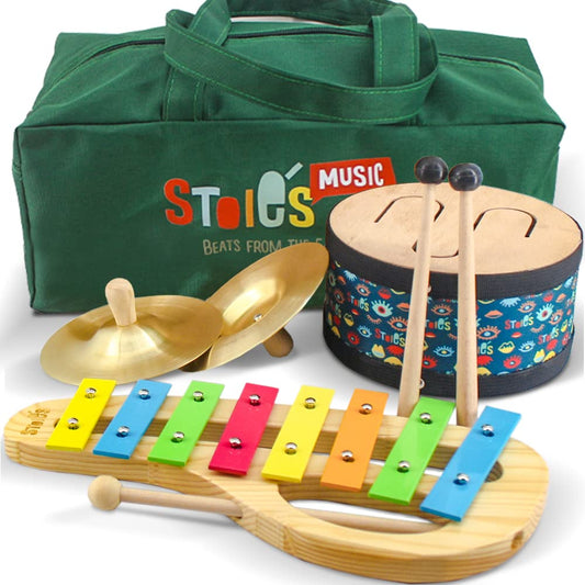Stoie's Wooden Kids Musical Instruments for 3-9 Years Old, with Drum, Hand Bells, Flute, Maracas, Castanet, Tamburine, for Babies and Toddlers, Durable, Safe, Montessori Educational Toy, Storage Bag