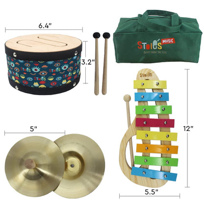 Stoie's Wooden Kids Musical Instruments for 3-9 Years Old, with Drum, Hand Bells, Flute, Maracas, Castanet, Tamburine, for Babies and Toddlers, Durable, Safe, Montessori Educational Toy, Storage Bag