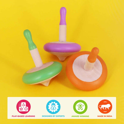 Shumee Spinning Tops for Kids 2 3 4 5+ Year Old, Set of 3 Wooden Montessori Toys, Improves Hand Eye Coordination, Great for Sensory Play, Eco-Friendly 100% Child Safe (Red/Blue/Yellow)