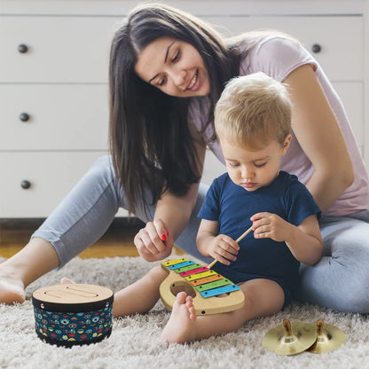 Stoie's Wooden Kids Musical Instruments for 3-9 Years Old, with Drum, Hand Bells, Flute, Maracas, Castanet, Tamburine, for Babies and Toddlers, Durable, Safe, Montessori Educational Toy, Storage Bag