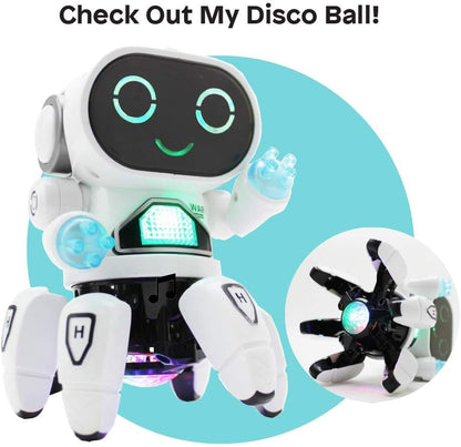 Boley Pioneer Dancing Robot in White and Blue - Walking Dancing Electronic Robot Toy for Kids with Disco Flashing Lights and Dance Music - Battery Operated