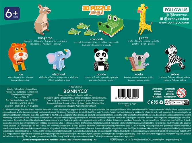 3D Puzzles for Kids Toys Jungle Animals Pack 8 - BONNYCO | 3D Puzzle Jigsaw 6-8 8-13, Educational Girl and Boy Toys, Gifts for Kids Activity, Birthday Gifts for Boys | Rompecabezas 3-D Foam, Christmas