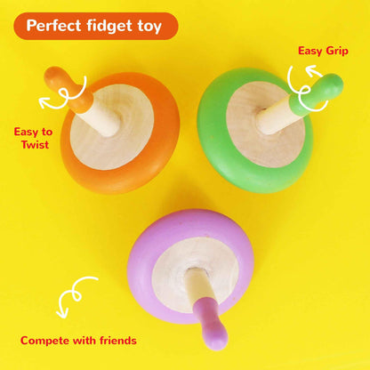 Shumee Spinning Tops for Kids 2 3 4 5+ Year Old, Set of 3 Wooden Montessori Toys, Improves Hand Eye Coordination, Great for Sensory Play, Eco-Friendly 100% Child Safe (Red/Blue/Yellow)