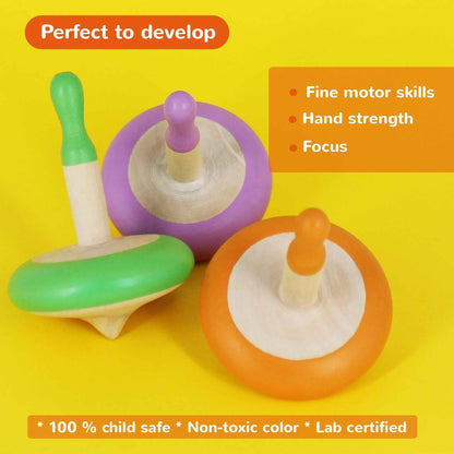 Shumee Spinning Tops for Kids 2 3 4 5+ Year Old, Set of 3 Wooden Montessori Toys, Improves Hand Eye Coordination, Great for Sensory Play, Eco-Friendly 100% Child Safe (Red/Blue/Yellow)