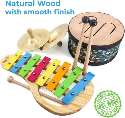 Stoie's Wooden Kids Musical Instruments for 3-9 Years Old, with Drum, Hand Bells, Flute, Maracas, Castanet, Tamburine, for Babies and Toddlers, Durable, Safe, Montessori Educational Toy, Storage Bag