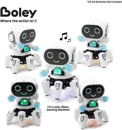 Boley Pioneer Dancing Robot in White and Blue - Walking Dancing Electronic Robot Toy for Kids with Disco Flashing Lights and Dance Music - Battery Operated
