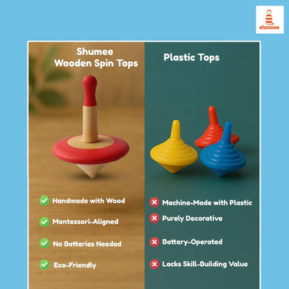 Shumee Spinning Tops for Kids 2 3 4 5+ Year Old, Set of 3 Wooden Montessori Toys, Improves Hand Eye Coordination, Great for Sensory Play, Eco-Friendly 100% Child Safe (Red/Blue/Yellow)