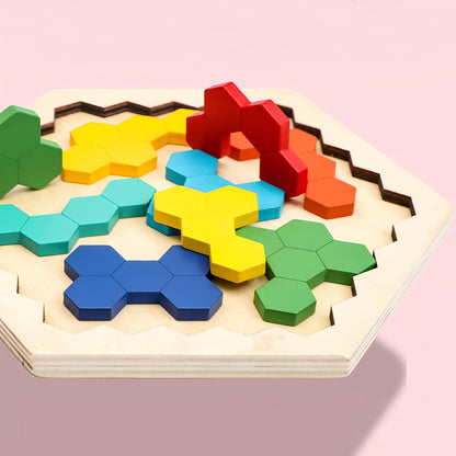 4 Pack Wooden Blocks Puzzles, Russian Blocks, Hexagon Puzzles, Tangrams Puzzles, Board Tic Tac Toe Game, Brain Teasers Toy Logic Game, Montessori STEM Educational Toys Present for Kids and Adults
