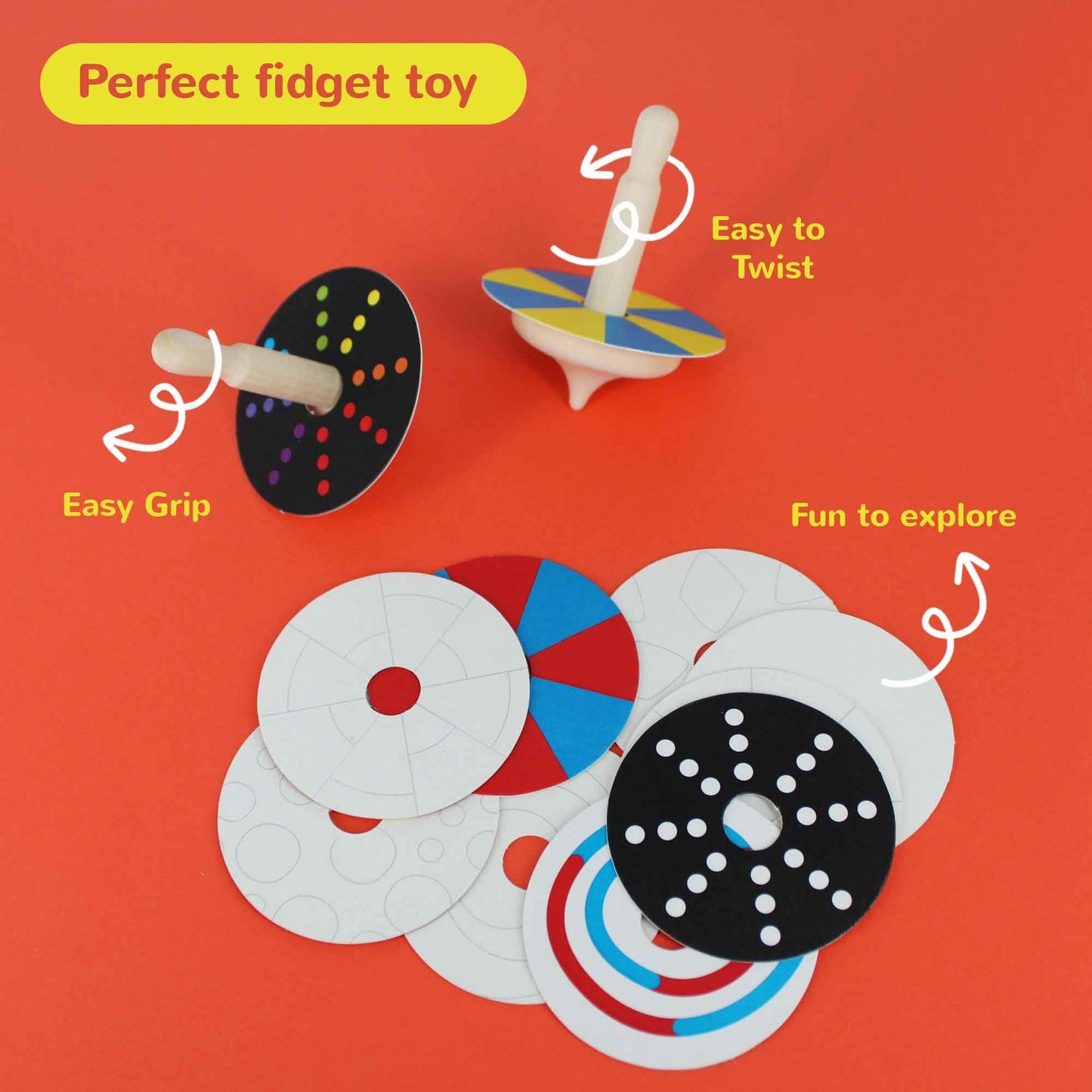 Shumee Spinning Tops for Kids 2 3 4 5+ Year Old, Set of 3 Wooden Montessori Toys, Improves Hand Eye Coordination, Great for Sensory Play, Eco-Friendly 100% Child Safe (Red/Blue/Yellow)