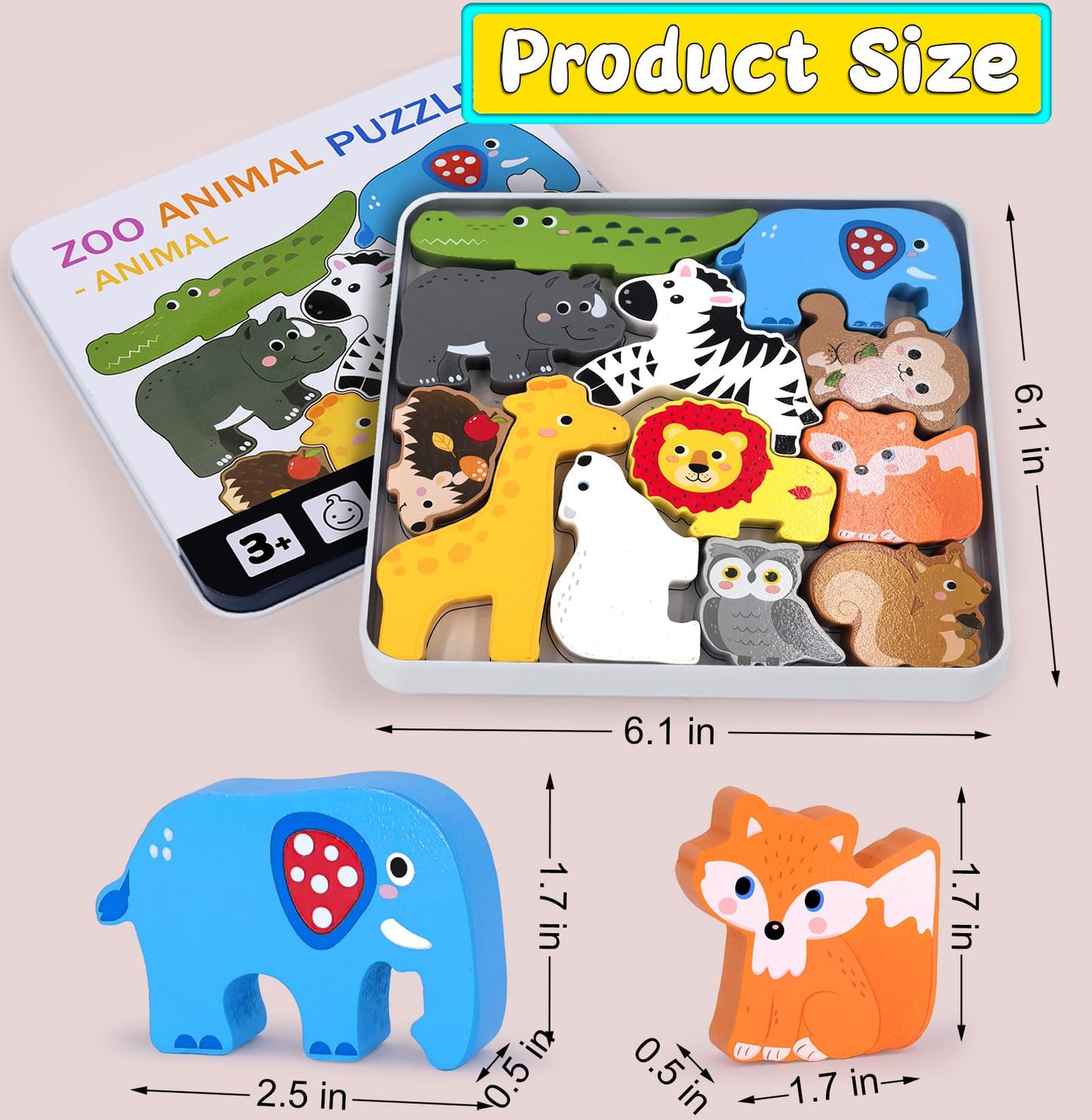 Wooden Animal Puzzles Toys for Toddlers,24 Pcs Farm and Safari Animal Figures,Animal Matching Sorting Stacking Toys for Boys Child Girls,Educational Learning Toys Gift for Kids