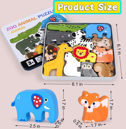 Wooden Animal Puzzles Toys for Toddlers,24 Pcs Farm and Safari Animal Figures,Animal Matching Sorting Stacking Toys for Boys Child Girls,Educational Learning Toys Gift for Kids