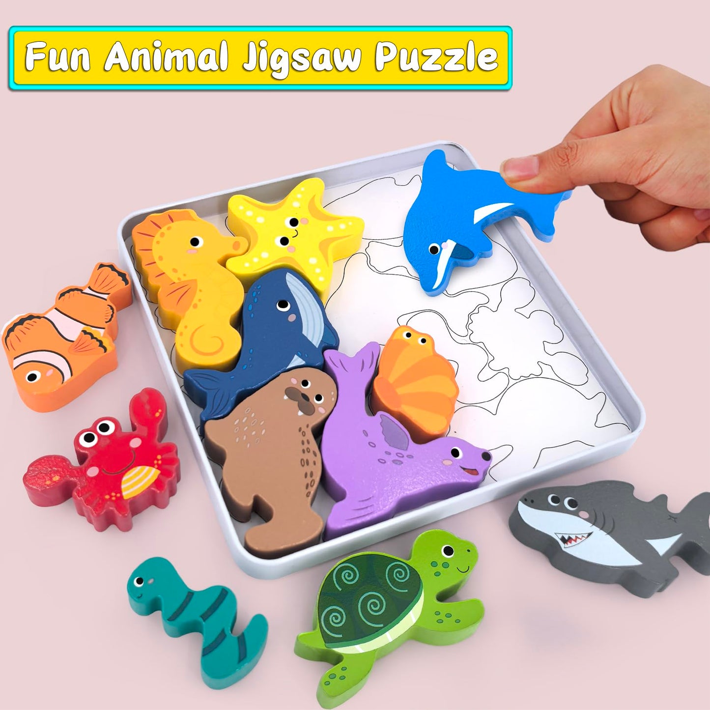 Wooden Animal Puzzles Toys for Toddlers,24 Pcs Farm and Safari Animal Figures,Animal Matching Sorting Stacking Toys for Boys Child Girls,Educational Learning Toys Gift for Kids