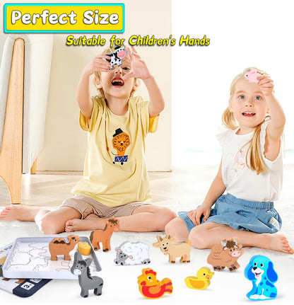 Wooden Animal Puzzles Toys for Toddlers,24 Pcs Farm and Safari Animal Figures,Animal Matching Sorting Stacking Toys for Boys Child Girls,Educational Learning Toys Gift for Kids