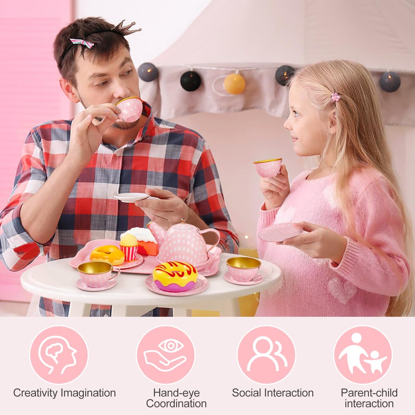 Tea Party Set for Little Girls, 49PCS Princess Tea Time Toys Including Tea Set Dessert Carrying Case, Kids Kitchen Pretend Playset, Tea Set for Girls Birthday Toddler Age 3-8, Pink