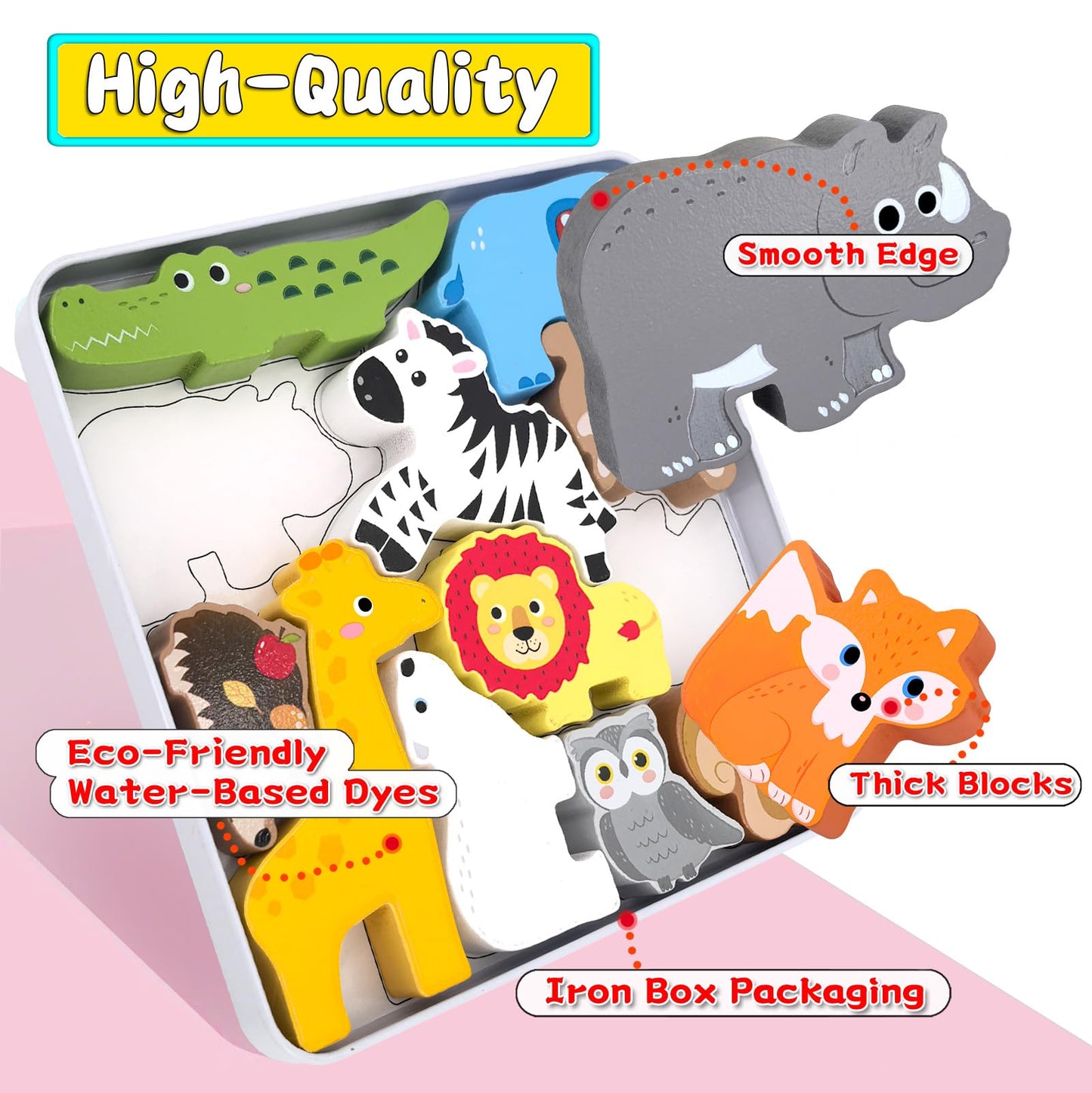 Wooden Animal Puzzles Toys for Toddlers,24 Pcs Farm and Safari Animal Figures,Animal Matching Sorting Stacking Toys for Boys Child Girls,Educational Learning Toys Gift for Kids