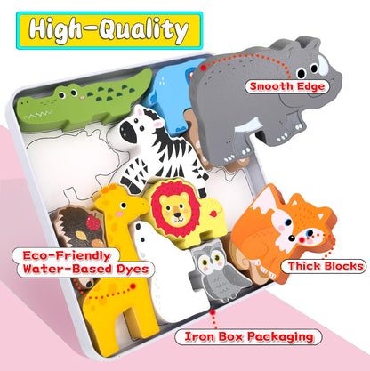 Wooden Animal Puzzles Toys for Toddlers,24 Pcs Farm and Safari Animal Figures,Animal Matching Sorting Stacking Toys for Boys Child Girls,Educational Learning Toys Gift for Kids