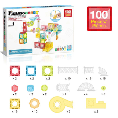 PicassoTiles 108pc 3-in-1 Marble Run Car Race Track Combo Magnetic Tiles PicassoToys Magnet Building Block Educational Construction Toy Playset STEM STEAM Learning Kit Child Brain Development PTG108