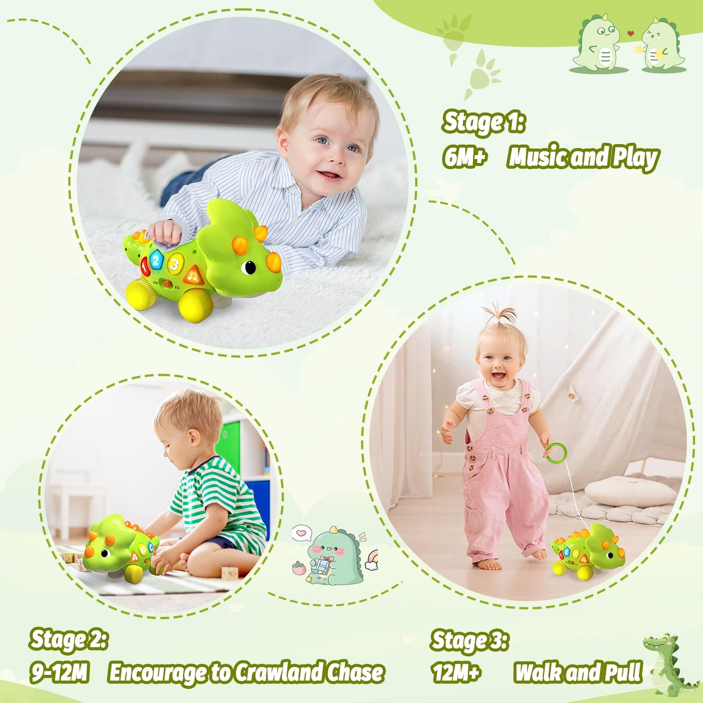 Baby Toys for 1 Year Old Boy Girl - Bilingual Musical Dinosaur Toy, Touch & Go Musical Light Crawling Educational Learning Toys for Toddlers 1-3, Christmas Birthday Gifts