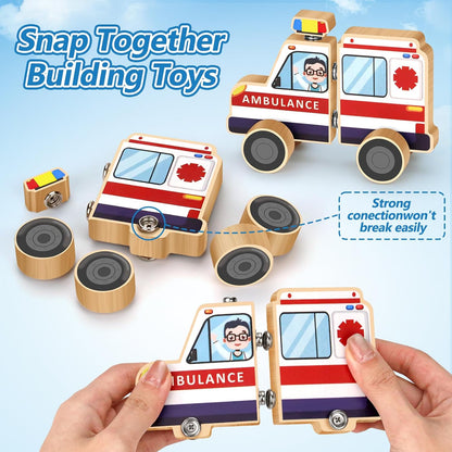 Wooden Emergency Vehicles Snap & Take-Apart STEM Toys for Kids Ages 3-6 | 41Pcs Building Blocks with Firetruck, Police Car & Ambulance | Montessori Fine Motor Skills Gift for Toddlers Boys Girls