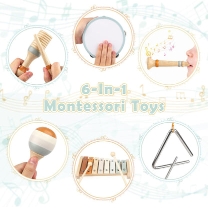 Musical Instruments - 6 in 1 Wooden Musical Toys for 2 3 Year Old Boy & Girls Birthday Gifts, Neutral Colors with Modern Boho Xylophone for Toddler Preschool Educational Toy for Baby 18+ Months
