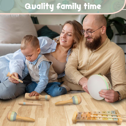 Stoie's Wooden Kids Musical Instruments for 3-9 Years Old, with Drum, Hand Bells, Flute, Maracas, Castanet, Tamburine, for Babies and Toddlers, Durable, Safe, Montessori Educational Toy, Storage Bag