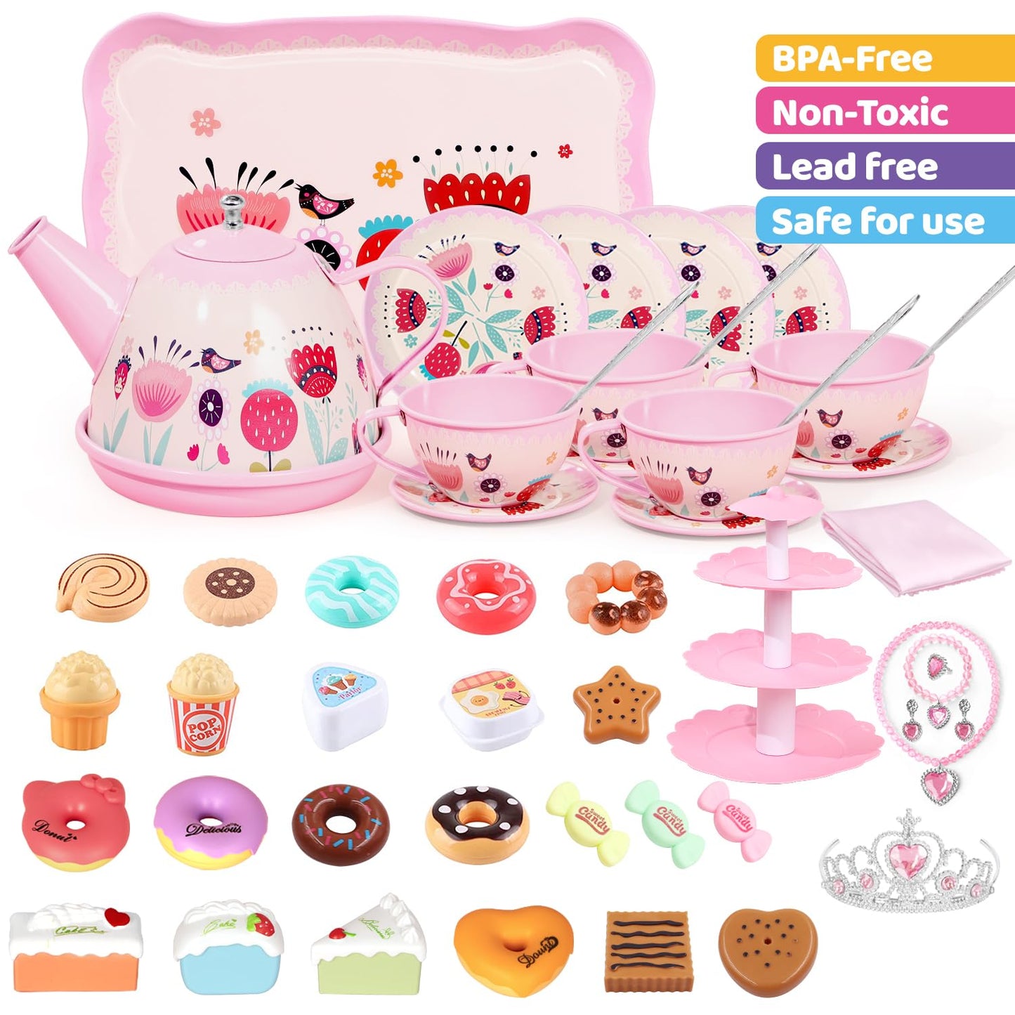 Tea Party Set for Little Girls, 49PCS Princess Tea Time Toys Including Tea Set Dessert Carrying Case, Kids Kitchen Pretend Playset, Tea Set for Girls Birthday Toddler Age 3-8, Pink