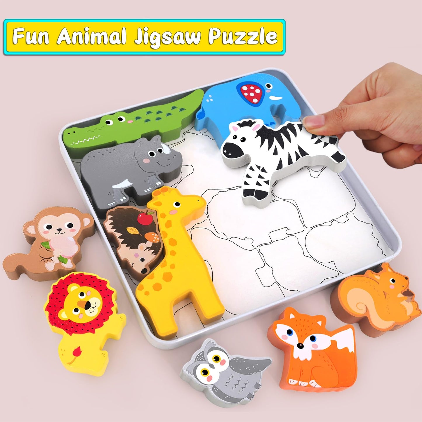 Wooden Animal Puzzles Toys for Toddlers,24 Pcs Farm and Safari Animal Figures,Animal Matching Sorting Stacking Toys for Boys Child Girls,Educational Learning Toys Gift for Kids