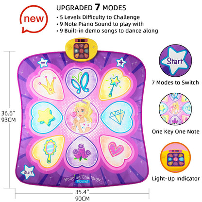 SUNLIN Dance Mat - Dance Mixer Rhythm Step Play Mat - Dance Game Toy Gift for Kids Girls Boys - Dance Pad with LED Lights, Adjustable Volume, Built-in Music, 3 Challenge Levels (3-12 Years Old)