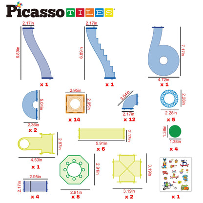 PicassoTiles 108pc 3-in-1 Marble Run Car Race Track Combo Magnetic Tiles PicassoToys Magnet Building Block Educational Construction Toy Playset STEM STEAM Learning Kit Child Brain Development PTG108