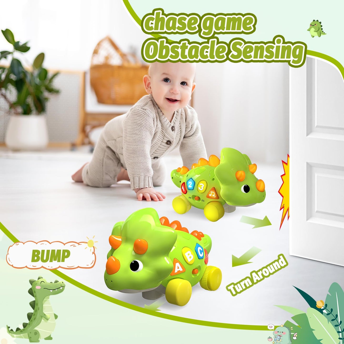 Baby Toys for 1 Year Old Boy Girl - Bilingual Musical Dinosaur Toy, Touch & Go Musical Light Crawling Educational Learning Toys for Toddlers 1-3, Christmas Birthday Gifts