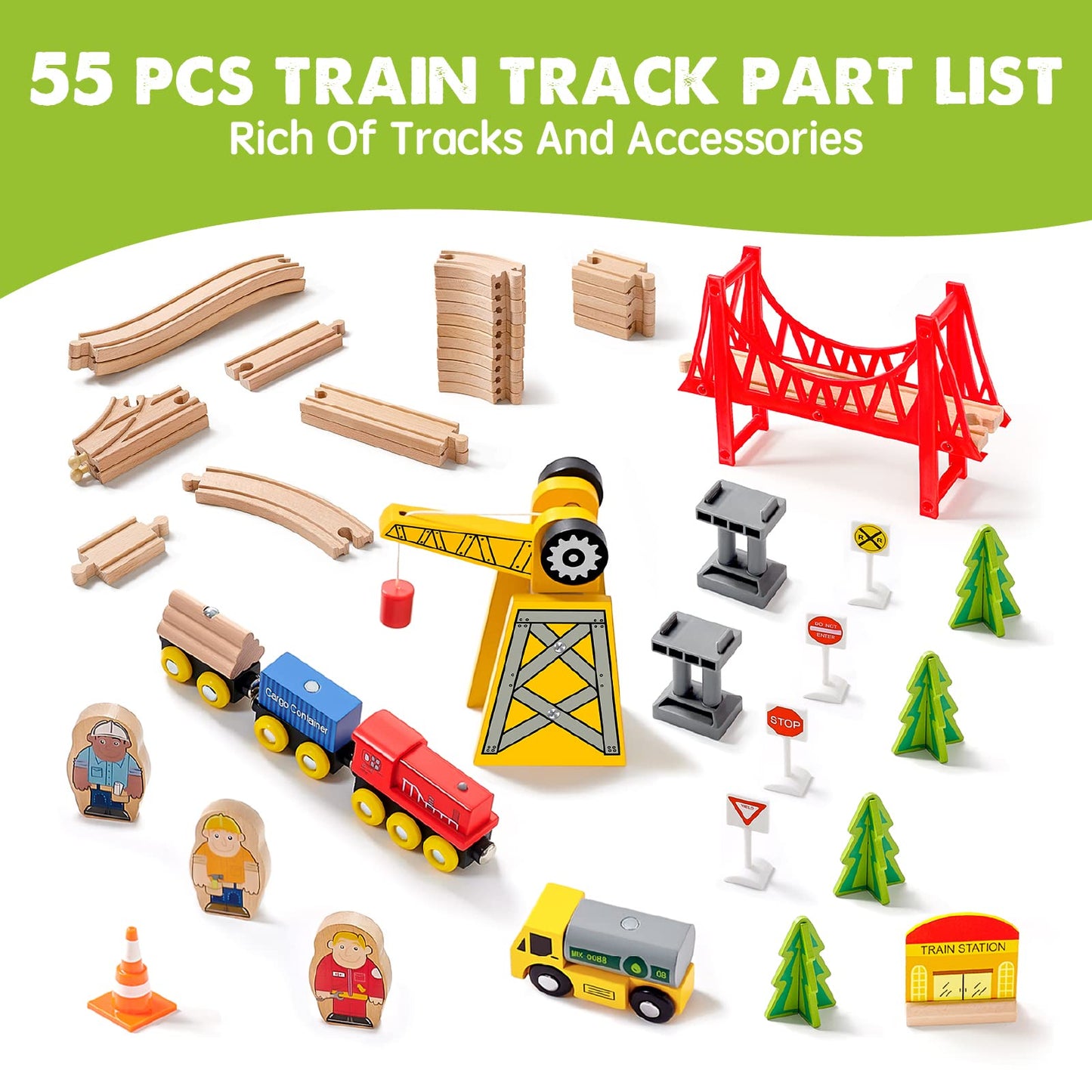 Tiny Land 110PCS Wooden Train Set