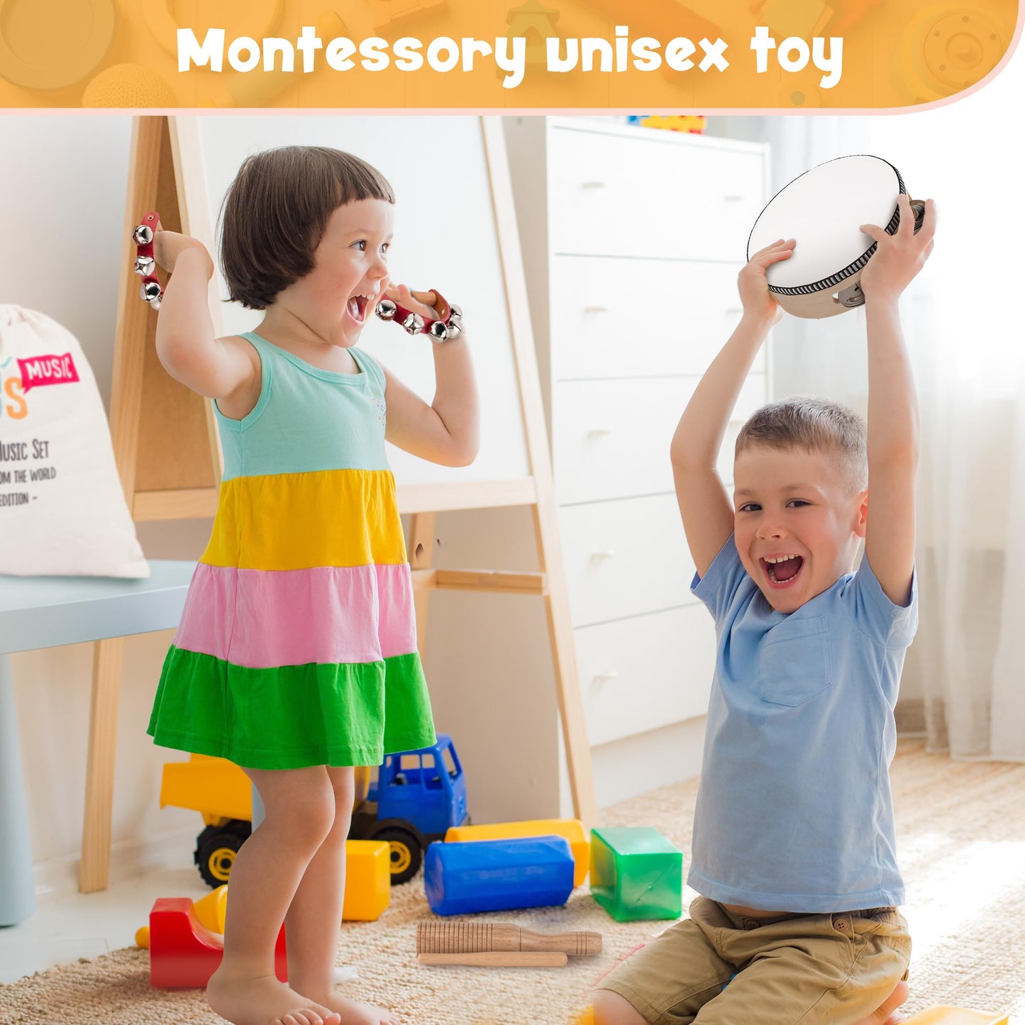 Stoie's Wooden Kids Musical Instruments for 3-9 Years Old, with Drum, Hand Bells, Flute, Maracas, Castanet, Tamburine, for Babies and Toddlers, Durable, Safe, Montessori Educational Toy, Storage Bag