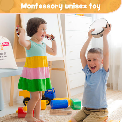 Stoie's Wooden Kids Musical Instruments for 3-9 Years Old, with Drum, Hand Bells, Flute, Maracas, Castanet, Tamburine, for Babies and Toddlers, Durable, Safe, Montessori Educational Toy, Storage Bag