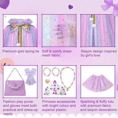 Meland Princess Dress up Clothes for Little Girl, 11Pcs Princess Cape with Crown, Princess Dresses for Girl 3-8 Birthday Gift