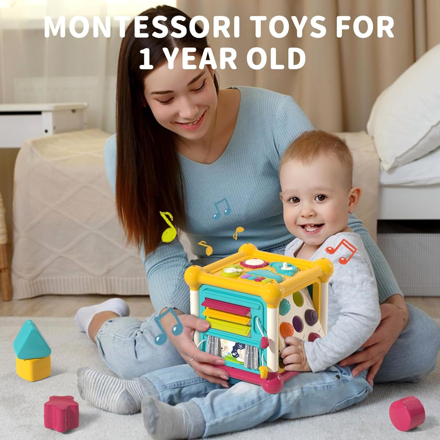 Baby Activity Cube, 6-in-1 Montessori Toys for 1-2 Year Old Boys and Girls, Multi Sensory Shape Blocks, Travel Music Toys for Toddlers 1-3