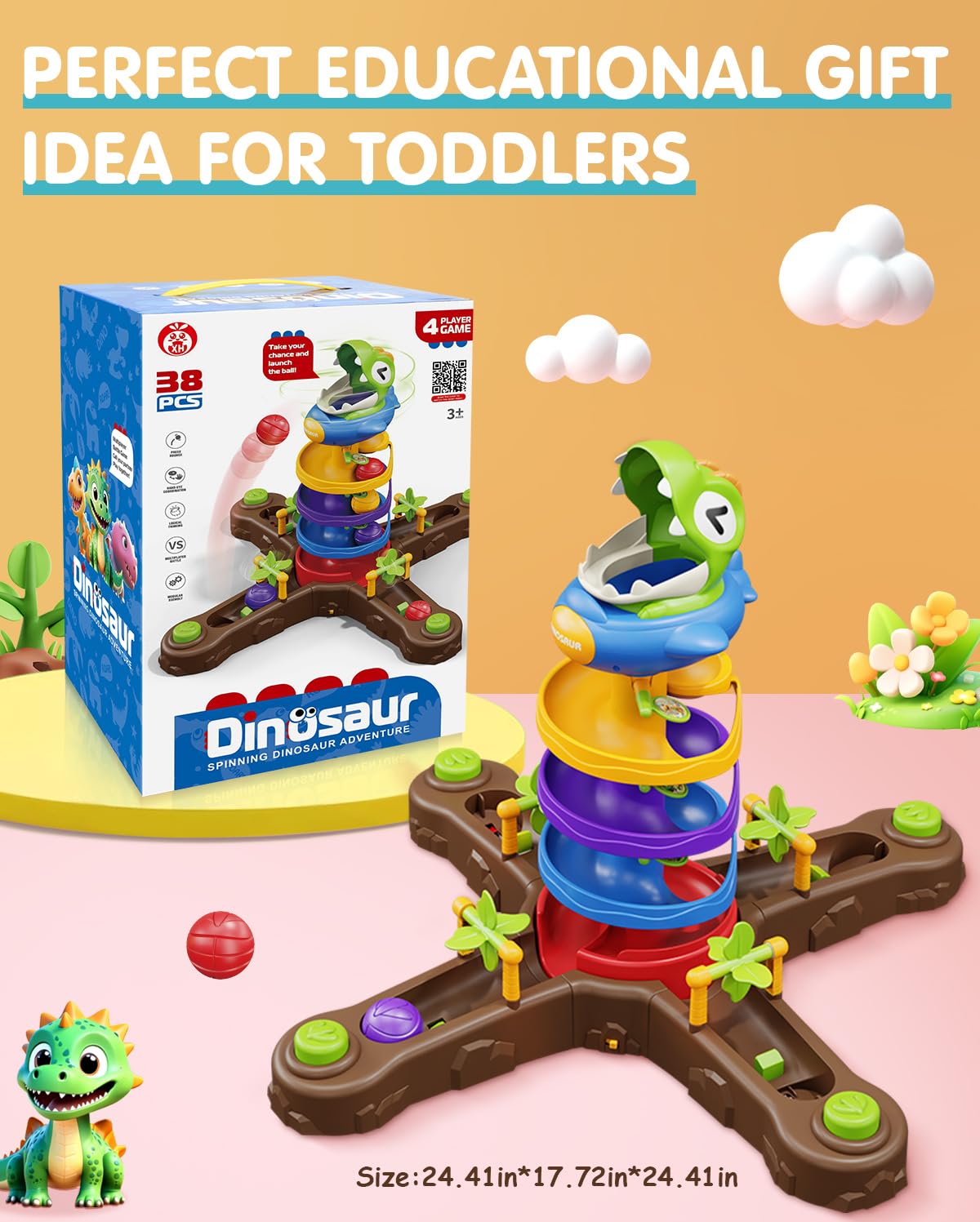 Dinosaur Ball Drop Toys for 3 4 5 6 7 8 9 Years Old Kids, Dino Spin Twister Toddlers Toy, Shoot Balls Toddler Montessori Toys Gifts for 3-6 Year Old Boys Girls, 2 Players PK Mode