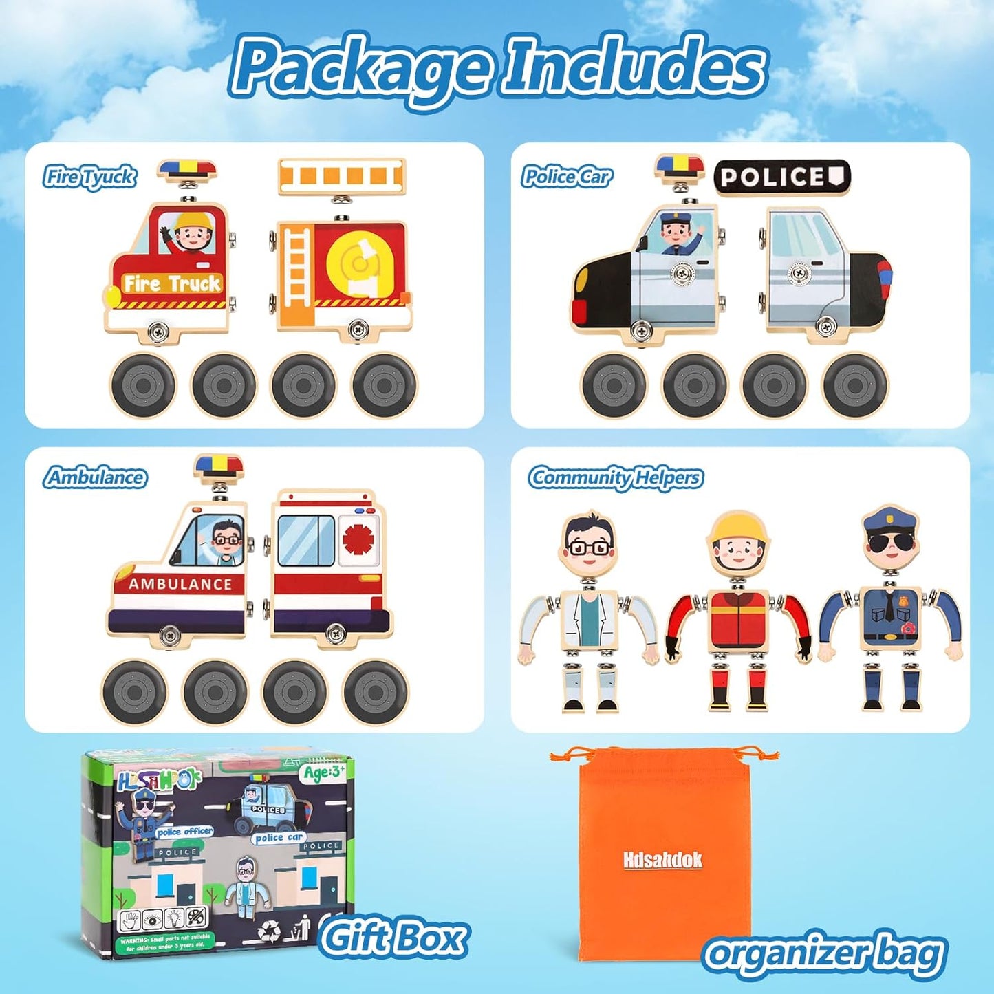 Wooden Emergency Vehicles Snap & Take-Apart STEM Toys for Kids Ages 3-6 | 41Pcs Building Blocks with Firetruck, Police Car & Ambulance | Montessori Fine Motor Skills Gift for Toddlers Boys Girls