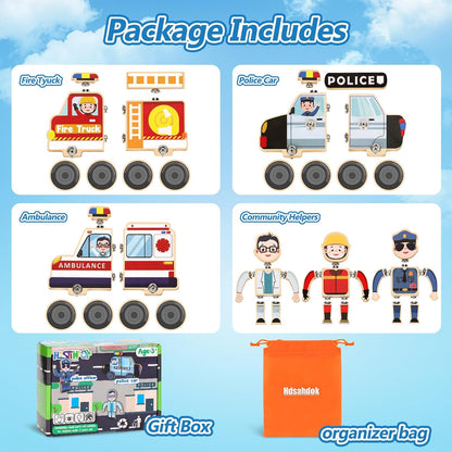 Wooden Emergency Vehicles Snap & Take-Apart STEM Toys for Kids Ages 3-6 | 41Pcs Building Blocks with Firetruck, Police Car & Ambulance | Montessori Fine Motor Skills Gift for Toddlers Boys Girls