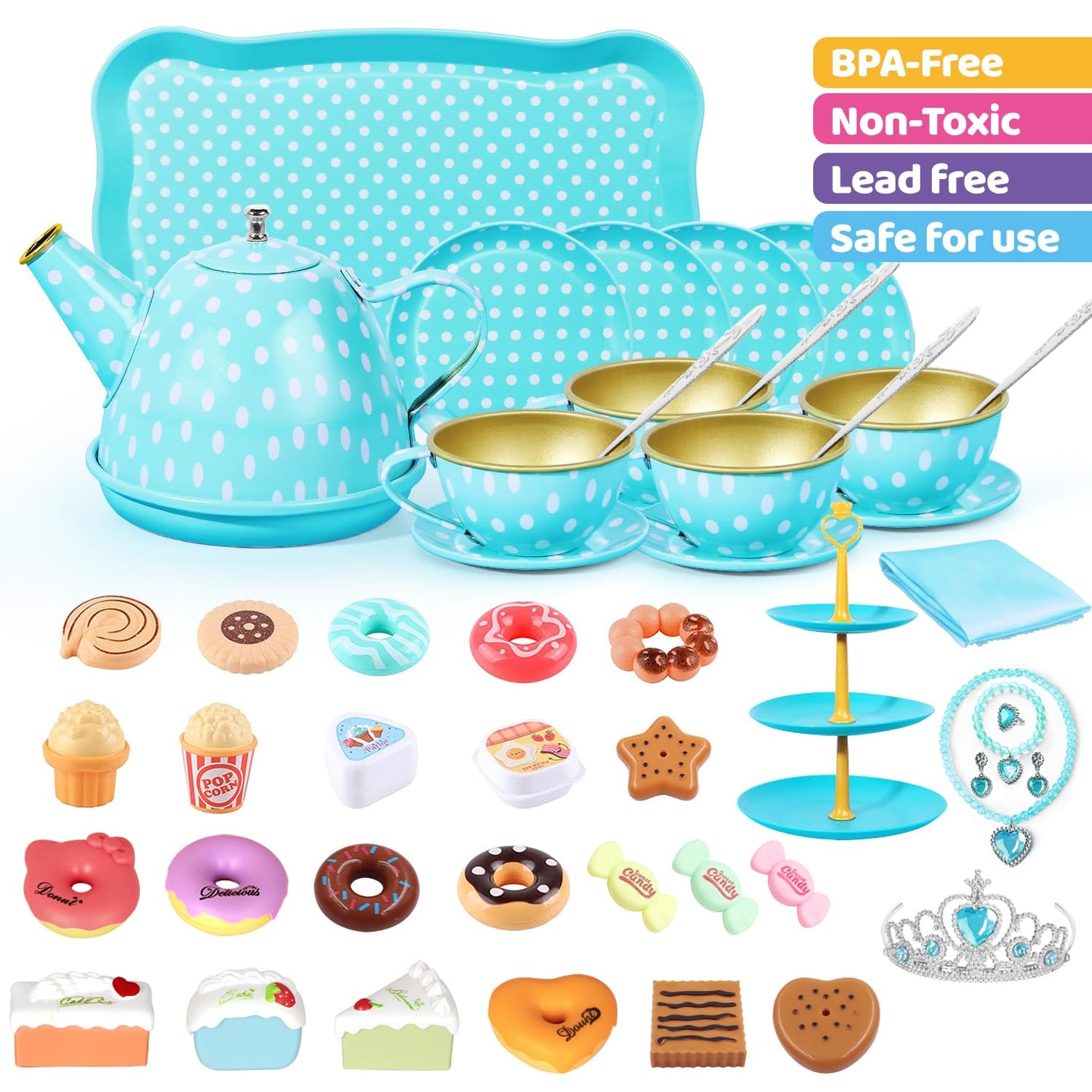 Tea Party Set for Little Girls, 49PCS Princess Tea Time Toys Including Tea Set Dessert Carrying Case, Kids Kitchen Pretend Playset, Tea Set for Girls Birthday Toddler Age 3-8, Pink