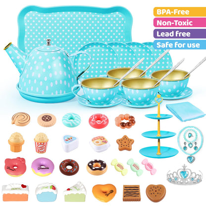 Tea Party Set for Little Girls, 49PCS Princess Tea Time Toys Including Tea Set Dessert Carrying Case, Kids Kitchen Pretend Playset, Tea Set for Girls Birthday Toddler Age 3-8, Pink