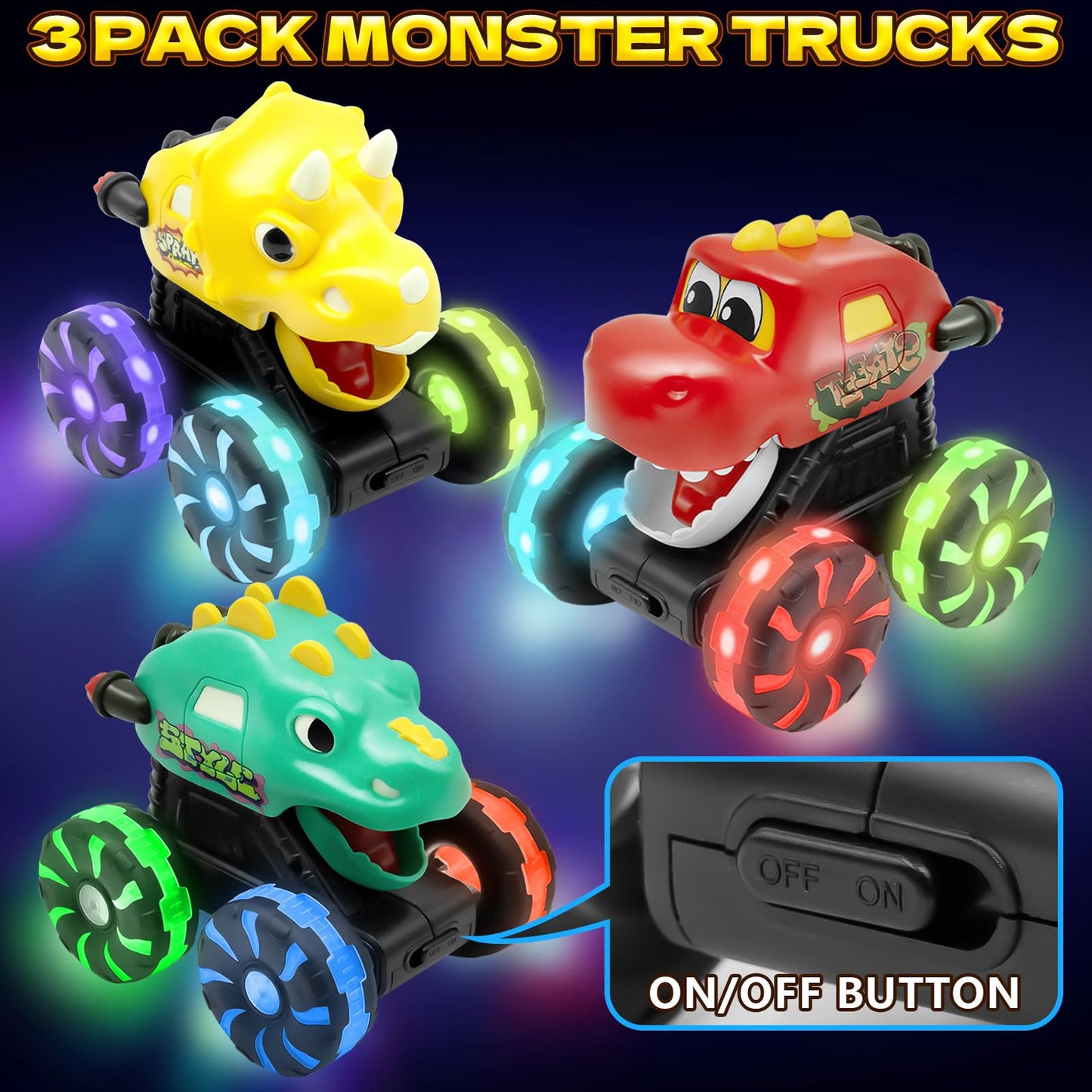 3 Pack Monster Truck Dinosaur Car Toys