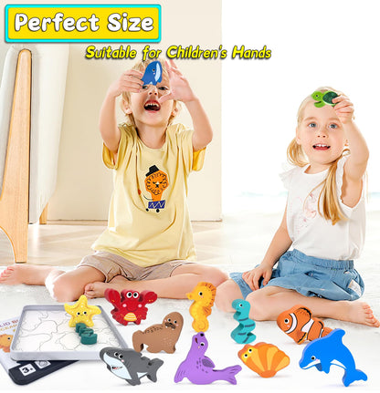 Wooden Animal Puzzles Toys for Toddlers,24 Pcs Farm and Safari Animal Figures,Animal Matching Sorting Stacking Toys for Boys Child Girls,Educational Learning Toys Gift for Kids