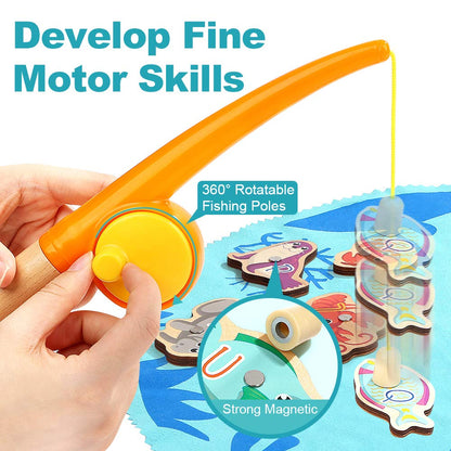 TOP BRIGHT Montessori Toddler Fishing Game - Kids Wooden Magnetic Fishing Toys Gifts for 3 Years Old Girls Boys, Fine Motor Skills for Toddler