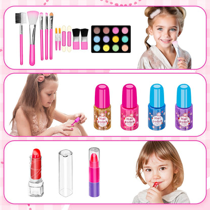 Hollyhi 58 Pcs Kids Makeup Kit for Girl, Princess Toys Real Washable Cosmetic Set with Mirror, Kids Makeup Sets for Girls, Play Make Up Birthday Gifts for 3 4 5 6 7 8 9 10 11 12 Years Old Kid (Rose)