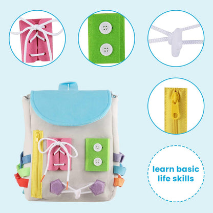 Busy Board - Toddler Backpack with Buckles and Learning Activity Toys - Develop Fine Motor Skills and Basic Life Skills - Learn to Tie Shoes - Children's Travel Toy