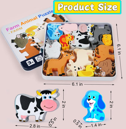 Wooden Animal Puzzles Toys for Toddlers,24 Pcs Farm and Safari Animal Figures,Animal Matching Sorting Stacking Toys for Boys Child Girls,Educational Learning Toys Gift for Kids